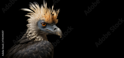 A bird, its head feathered and beak sharp, stands out against a black background. © Duka Mer