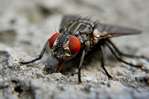 A fly, its compound eyes detailed, rests on a rock.