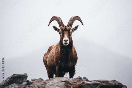 A goat, its horns impressive and stance intimidating, stands on a rocky hill.