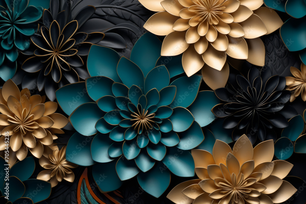 A collection of paper flowers, their patterns ornate and intricate, stand out in a 3D illustration.