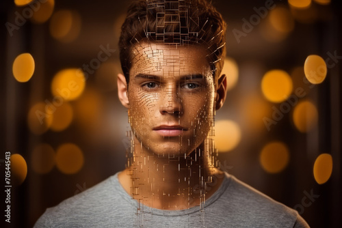 A man's face, covered by a wire mesh, presents a detailed and attractive portrait.