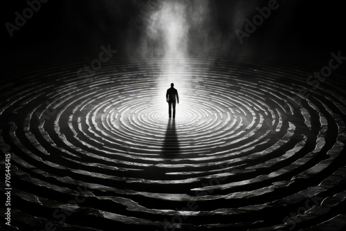 A man stands in the center of a circular maze, his presence rippling with magic and mystery.