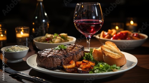 steak and red wine on the table as a dinner menu