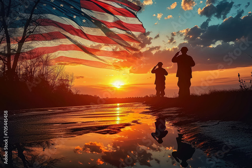 Silhouettes of usa soldier with nation flag on a background of sunset , Memorial Day, Independence Day. America celebration