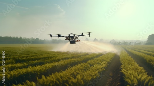 Drone sprayer flies over the wheat field. Smart farming