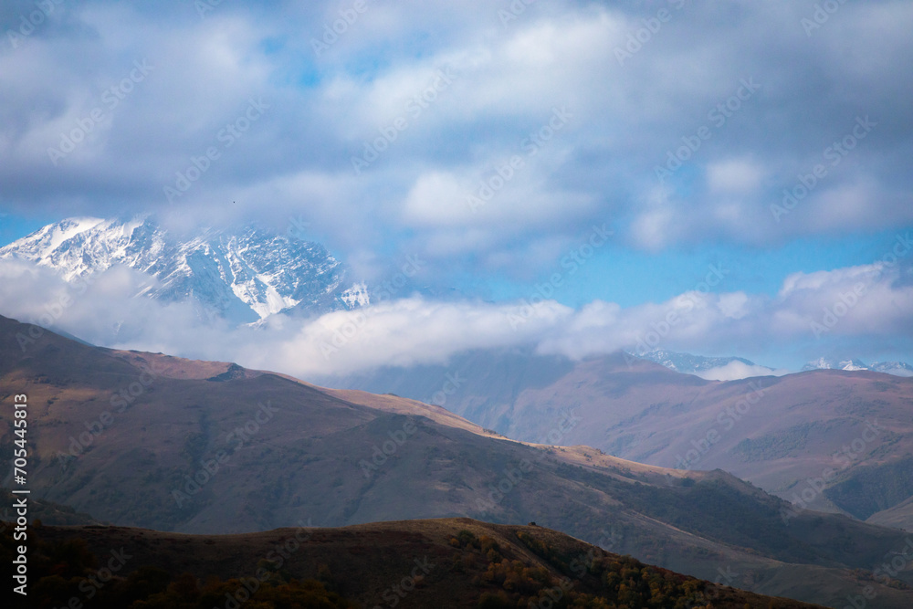 View of a snow-capped peak in the mountains