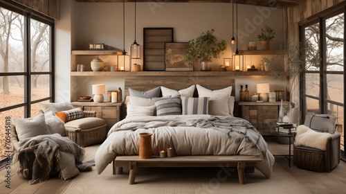 A cozy and inviting master bedroom with a rustic  lodge-like feel
