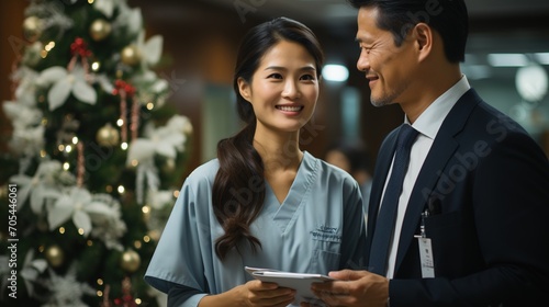 A Smiling Asian Female Nurse and a Smiling Asian Male Doctor in a Hospital Setting photo