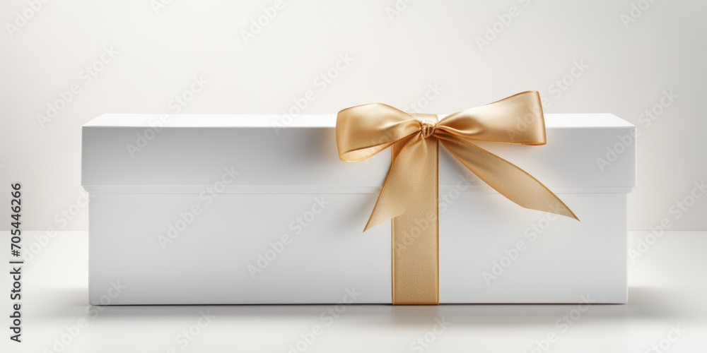 Long white gift box with golden ribbon isolated on clean white background Long white gift box with golden ribbon isolated on clean white background