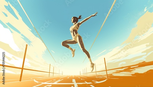 Female athlete jumping over hurdle on racetrack