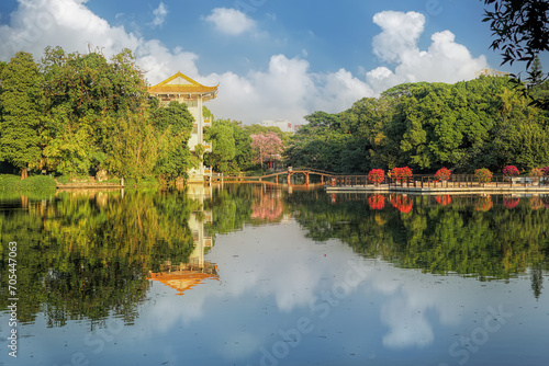 Canvas Print Zhongshan park is located at the waterfront of Fenjiang river, in the Chancheng district of Foshan city, Guangdong Province, China
