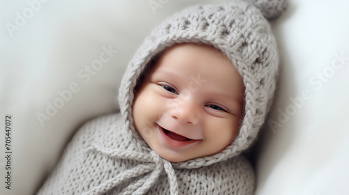 Joyful Beginnings: Smiling Newborn in a Cozy Knitted Hat 