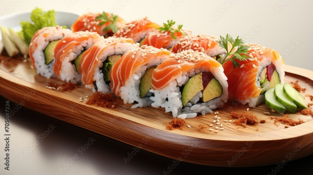 Fresh hosomaki. Sushi roll with salmon, tuna, avocado and cucumber.Delicious pieces of sushi. Fresh hosomaki. Sushi roll with salmon, tuna, avocado and cucumber.Delicious pieces of sushi.
