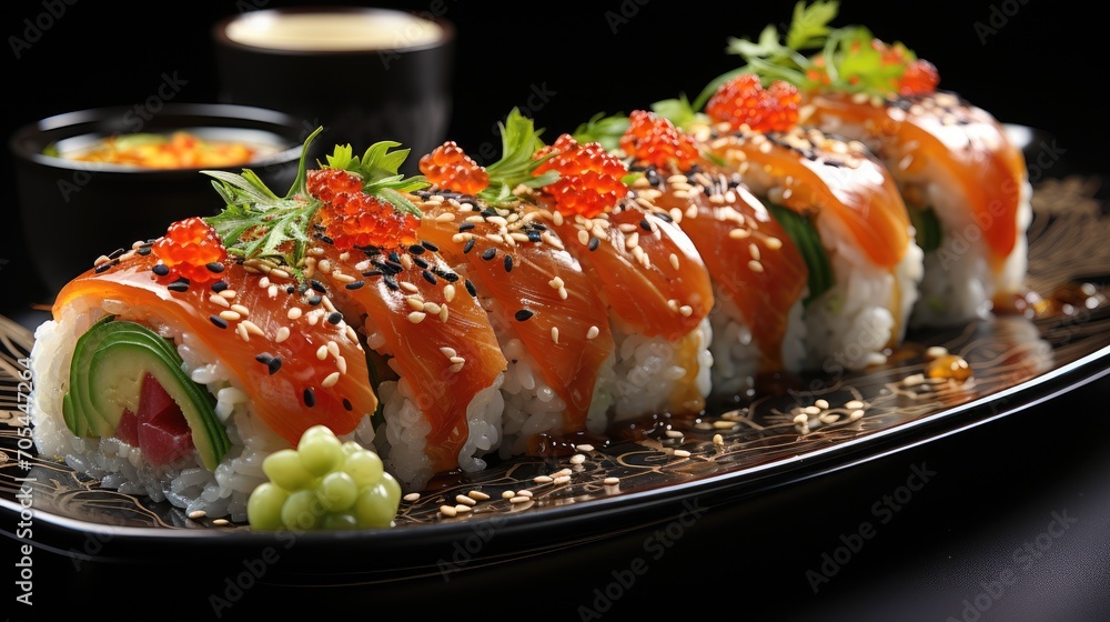 Fresh hosomaki. Sushi roll with salmon, tuna, avocado and cucumber.Delicious pieces of sushi. Fresh hosomaki. Sushi roll with salmon, tuna, avocado and cucumber.Delicious pieces of sushi.