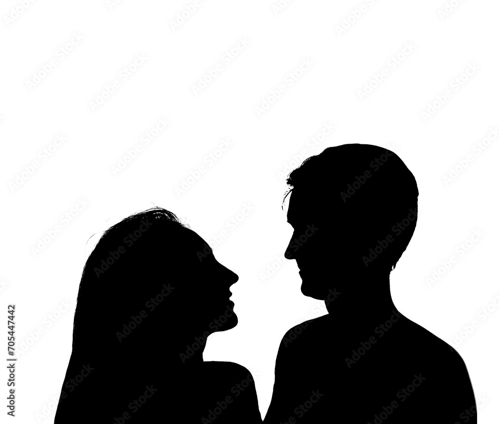 Silhouette of Couple Man and Woman kissing. couple in Love. lovers staying. isolated on white background. Romantic pair. relationship, Friendship concept. face to face. man and woman. illustration.