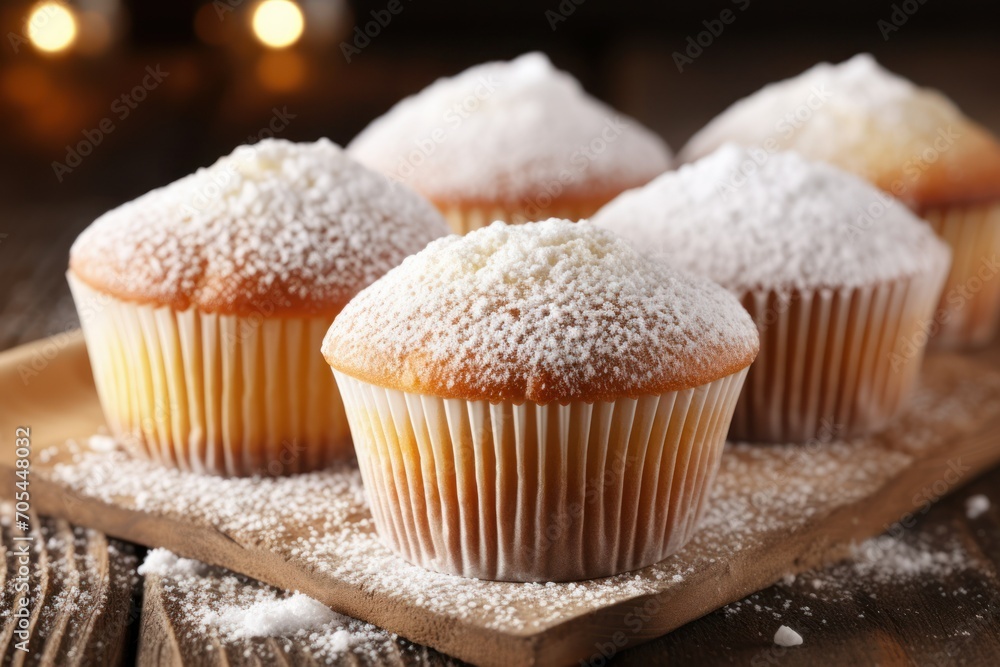 Tasty muffins powdered with sugar on wooden table, closeup Tasty muffins powdered with sugar on wooden table, closeup