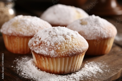 Tasty muffins powdered with sugar on wooden table, closeup
