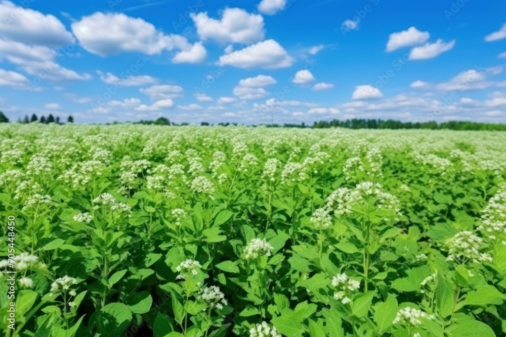 Beautiful view of buckwheat field under blue sky Beautiful view of buckwheat field under blue sky