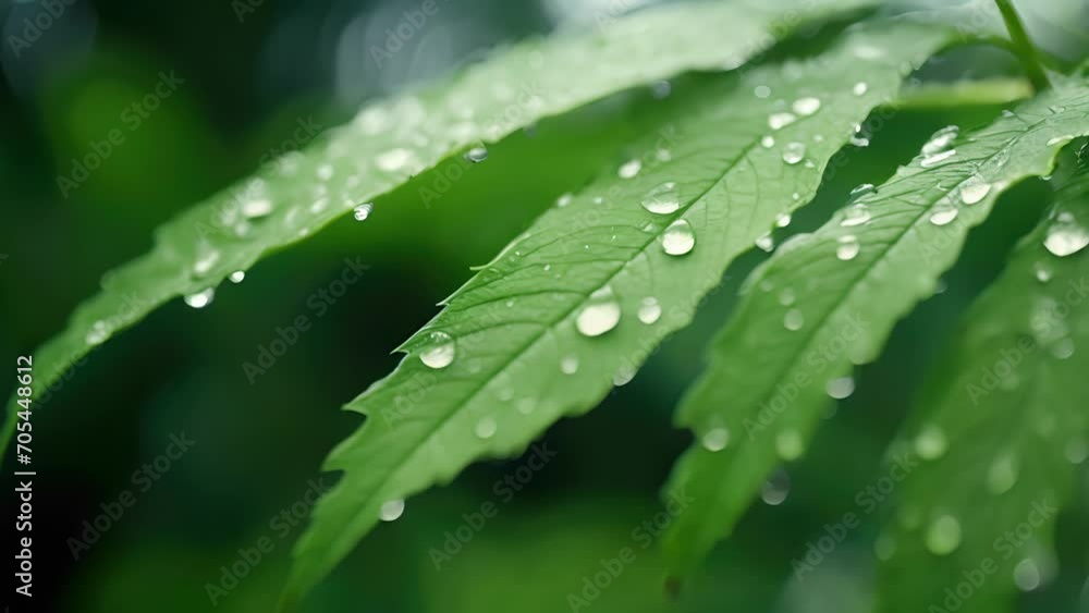 A cinematic view of raindrops saturating a leaf in a downpour. A cinematic view of raindrops saturating a leaf in a downpour.