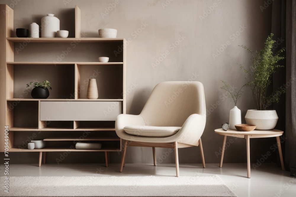 Scandinavian interior home design of modern living room with beige wooden chairs and shelves in a windowed room Scandinavian interior home design of modern living room with beige wooden chairs and shelves in a windowed room