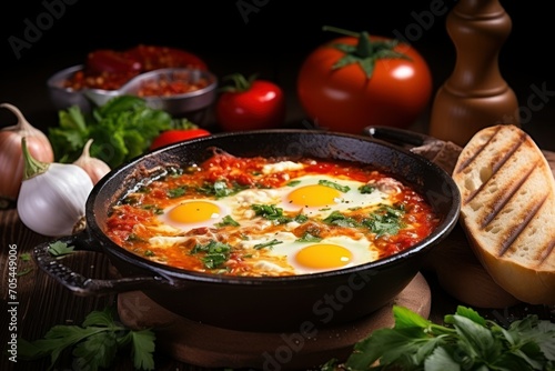 Delicious shakshuka in frying pan and products on wooden table