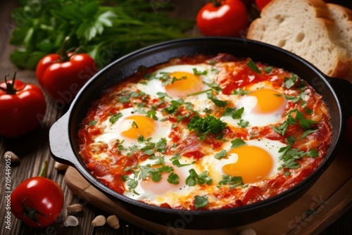 Delicious shakshuka in frying pan and products on wooden table