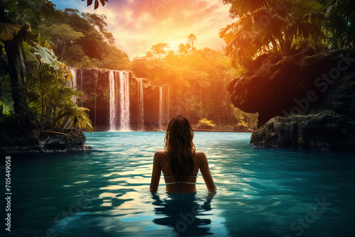 Nature, vacation and travel concept. Dark woman silhouette swimming in tropical pond, pool, river or lake in jungles or rain forest during sunset. Girl standing back to camera, waterfall in background © Rytis