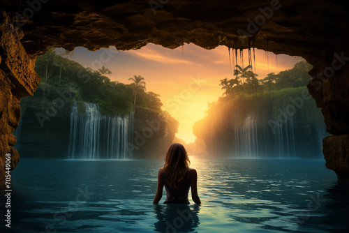 Nature, vacation and travel concept. Dark woman silhouette swimming in tropical pond, pool, river or lake in jungles or rain forest during sunset. Girl standing back to camera, waterfall in background