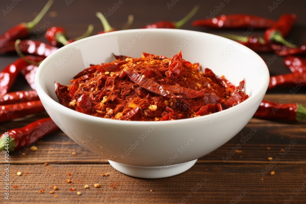 Photo crushed dried chili peppers in white bowl hot and spicy Photo crushed dried chili peppers in white bowl hot and spicy
