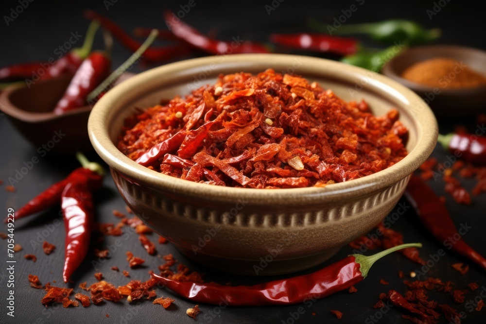 Photo crushed dried chili peppers in white bowl hot and spicy Photo crushed dried chili peppers in white bowl hot and spicy