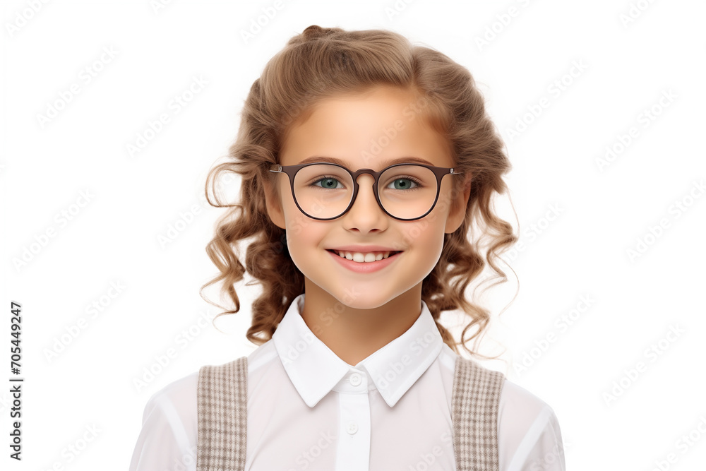 Schoolgirl in glasses, smiling, looking at camera, back to school concept, isolated on the white background, studio shot