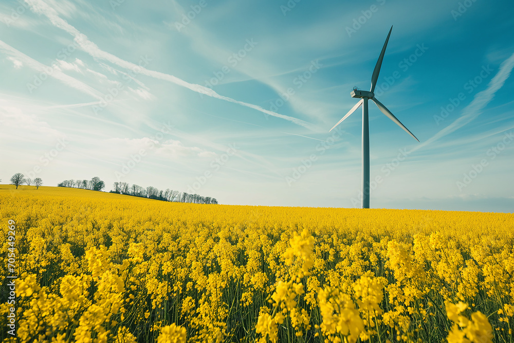 Wind turbine in a yellow flower field
