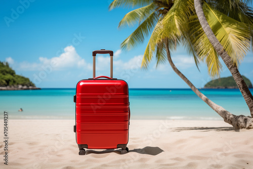 Red suitcase on the sandy beach. Ocean background, sunny day, green palm. Holiday concept © Olivia