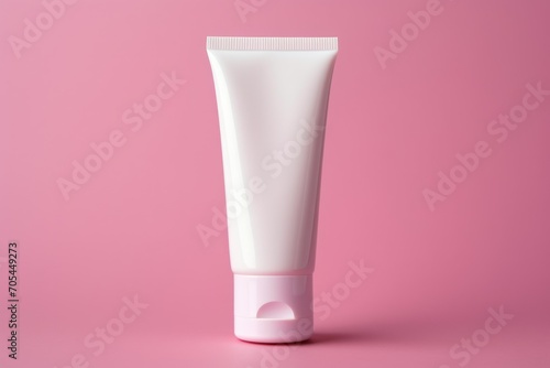 Photo of a white plastic cosmetic package tube, pink background