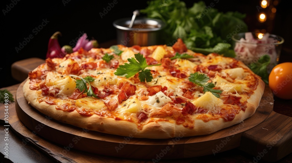 Hawaiian pizza on wooden plate Hawaiian pizza on wooden plate
