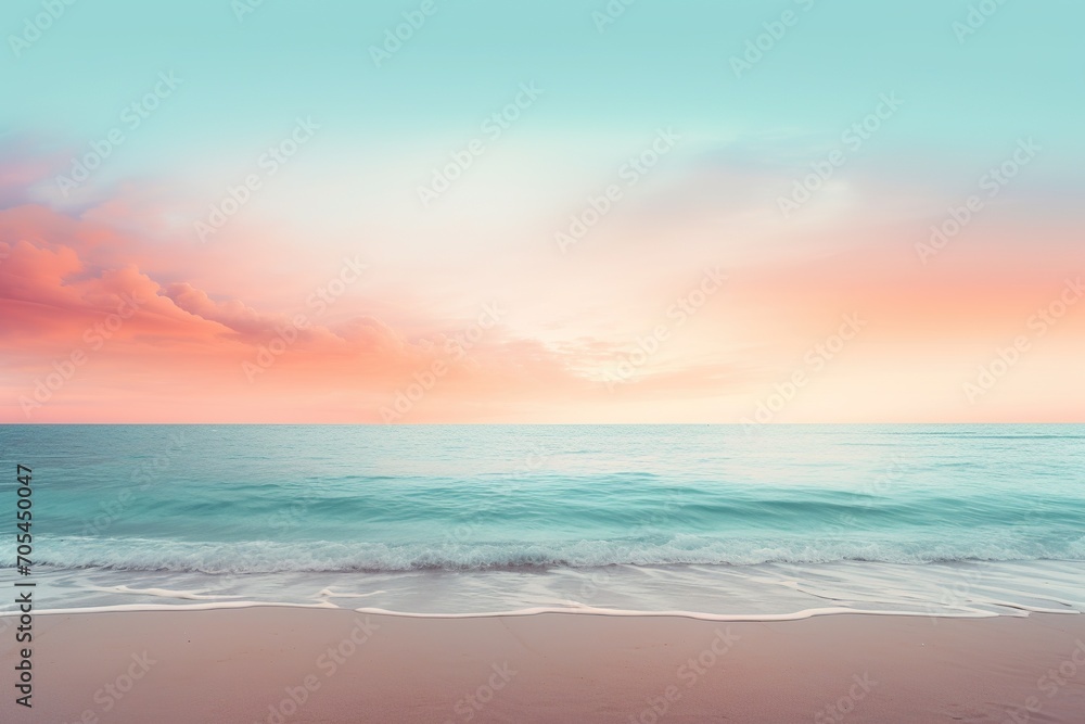 a realistic photo of a beach with a blue, pink and yellow sky, in the style of minimalist backgrounds, light aquamarine and orange