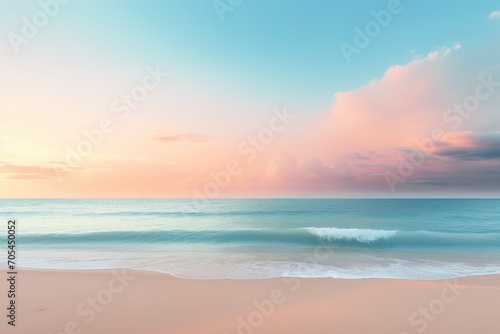a realistic photo of a beach with a blue  pink and yellow sky  in the style of minimalist backgrounds  light aquamarine and orange