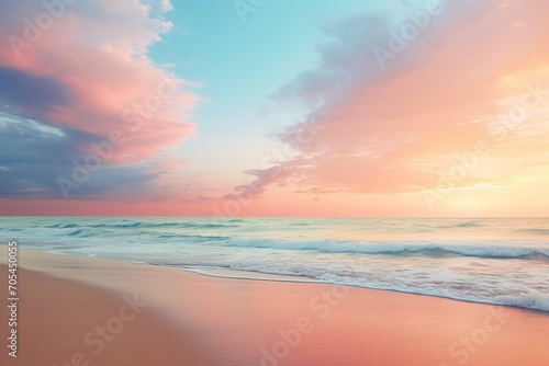 a realistic photo of a beach with a blue, pink and yellow sky, in the style of minimalist backgrounds, light aquamarine and orange © JetHuynh