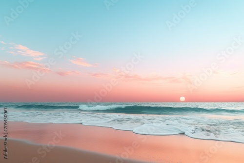 a realistic photo of a beach with a blue  pink and yellow sky  in the style of minimalist backgrounds  light aquamarine and orange
