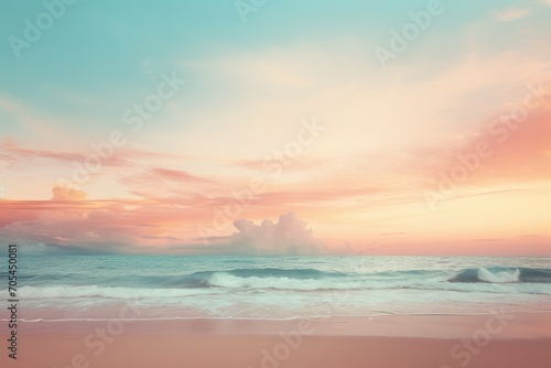 a realistic photo of a beach with a blue  pink and yellow sky  in the style of minimalist backgrounds  light aquamarine and orange