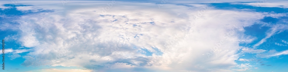 Fototapeta premium Dark blue sunset sky panorama with puffy Cumulus clouds. Seamless hdr 360 panorama in spherical equirectangular format. Full zenith for 3D visualization, sky replacement for aerial drone panoramas.