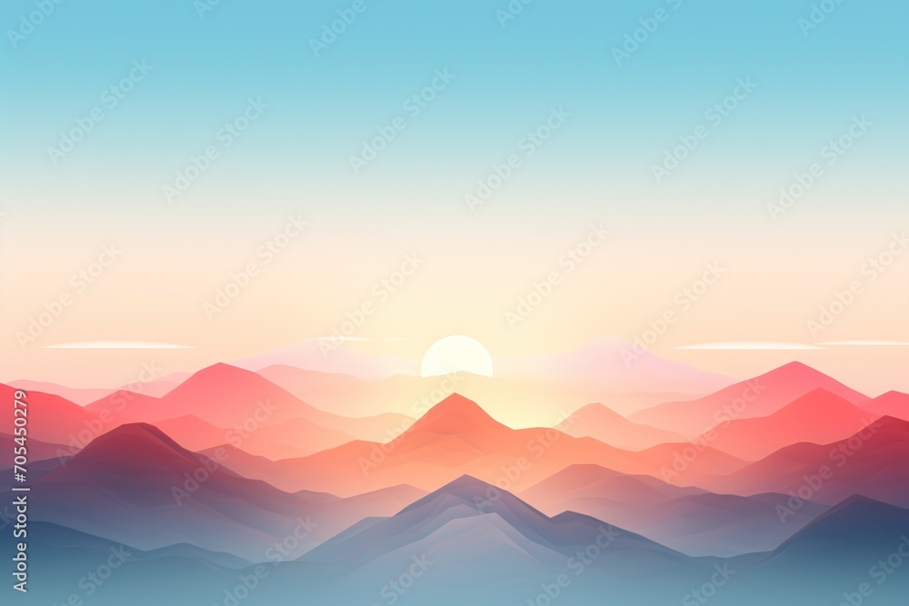 a realistic photo of mountains with the sun shining down on them in the distance with a blue, pink and yellow sky, in the style of minimalist backgrounds, light aquamarine and orange