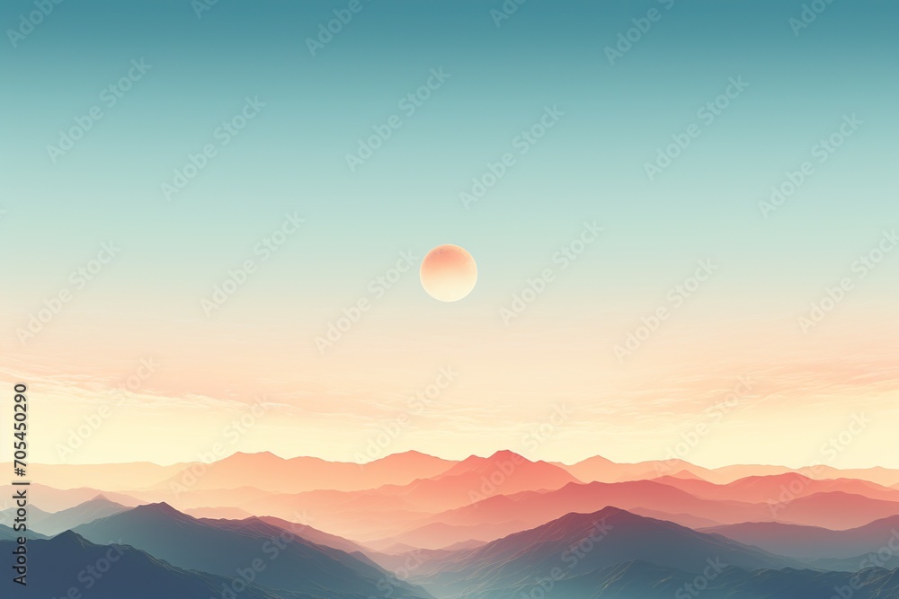 a realistic photo of mountains with the sun shining down on them in the distance with a blue, pink and yellow sky, in the style of minimalist backgrounds, light aquamarine and orange