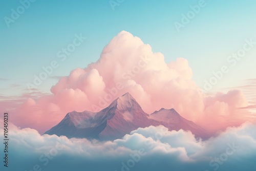 a realistic photo of mountain with clouds with a blue, pink and yellow sky, in the style of minimalist backgrounds, light aquamarine and orange photo