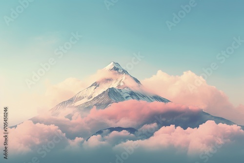a realistic photo of mountain with clouds with a blue, pink and yellow sky, in the style of minimalist backgrounds, light aquamarine and orange