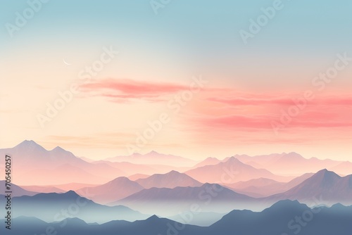 a realistic photo of mountains with the sun shining down on them in the distance with a blue  pink and yellow sky  in the style of minimalist backgrounds  light aquamarine and orange