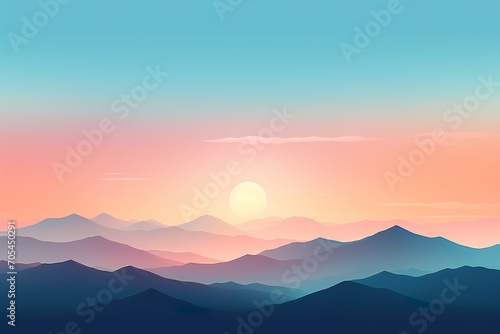 a realistic photo of mountains with the sun shining down on them in the distance with a blue, pink and yellow sky, in the style of minimalist backgrounds, light aquamarine and orange