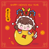 cute girl chinese new year dragon gold greeting card. series: zodiac vector 2024 Wish you rich and wealth