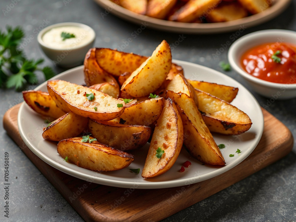 Potato wedges kept on a plate. Potato wedges kept on a plate.