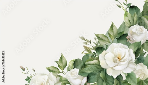 frame of white roses on white background copy space